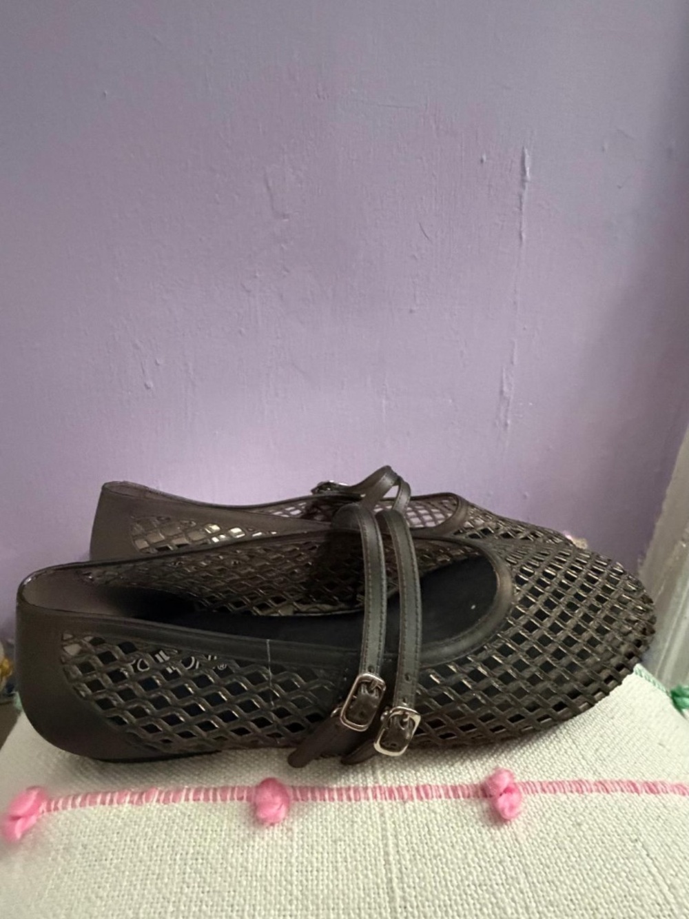 Roxoni Double Strap Jelly Mary Jane Flats - Black/ Transparent - New Without Tag